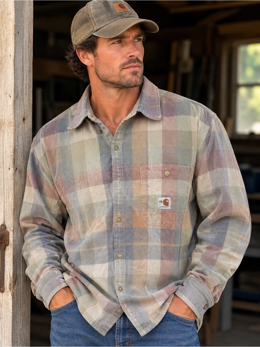 Carhartt long-sleeve pastel plaid corduroy flame resistant button-down shirt XL